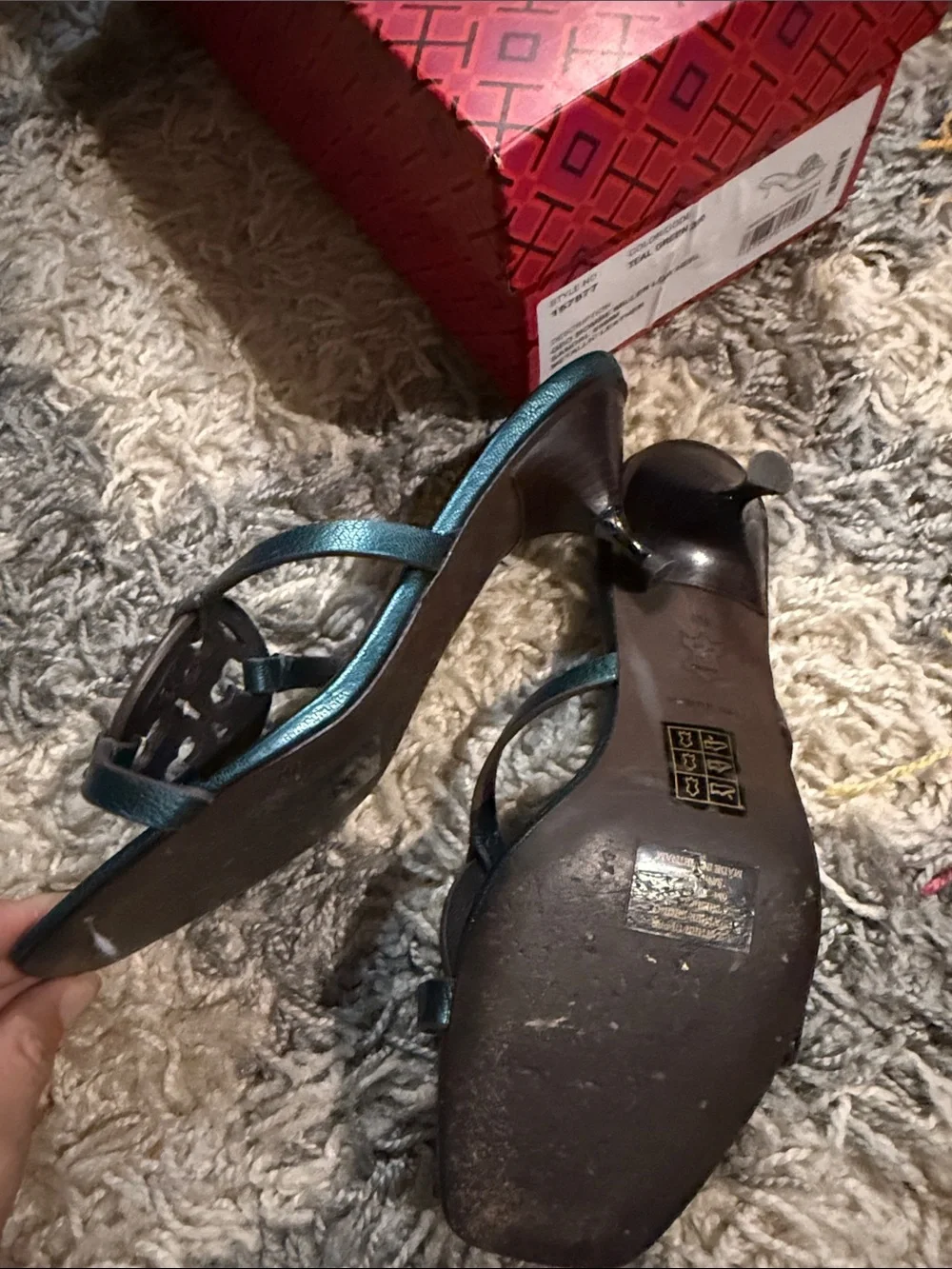 Tory Burch Teal Leather Logo Mid-Heel Mules